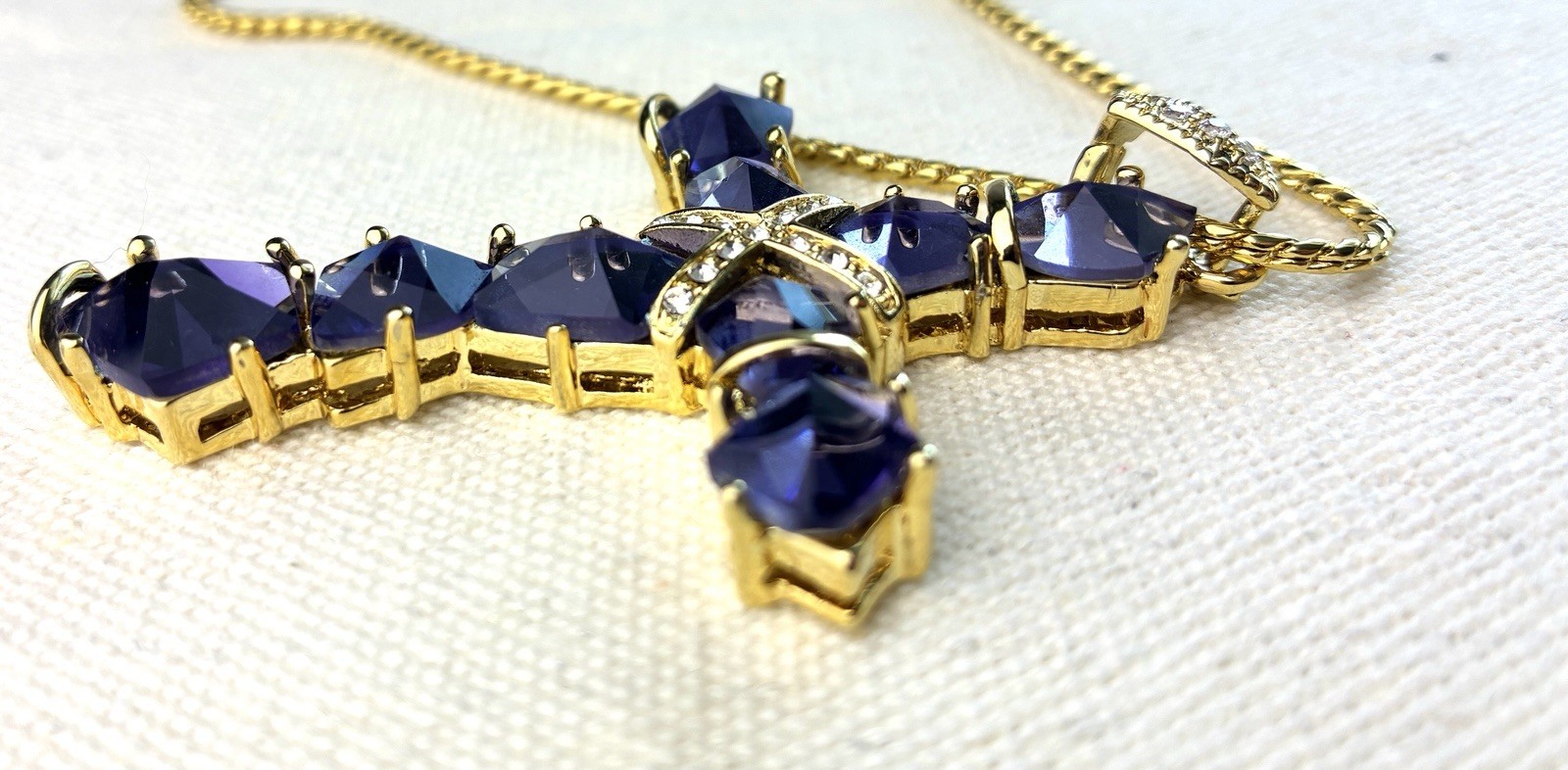 Real Collectibles Adrienne Amethyst Crystal Cross Necklace Gold HSN Box & Card
