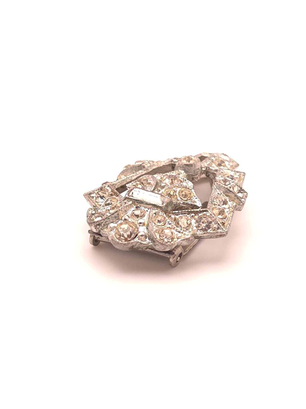 Vintage Art Deco Silver Tone Shield Dress Clip, Clear Round Simulated Rhinestone