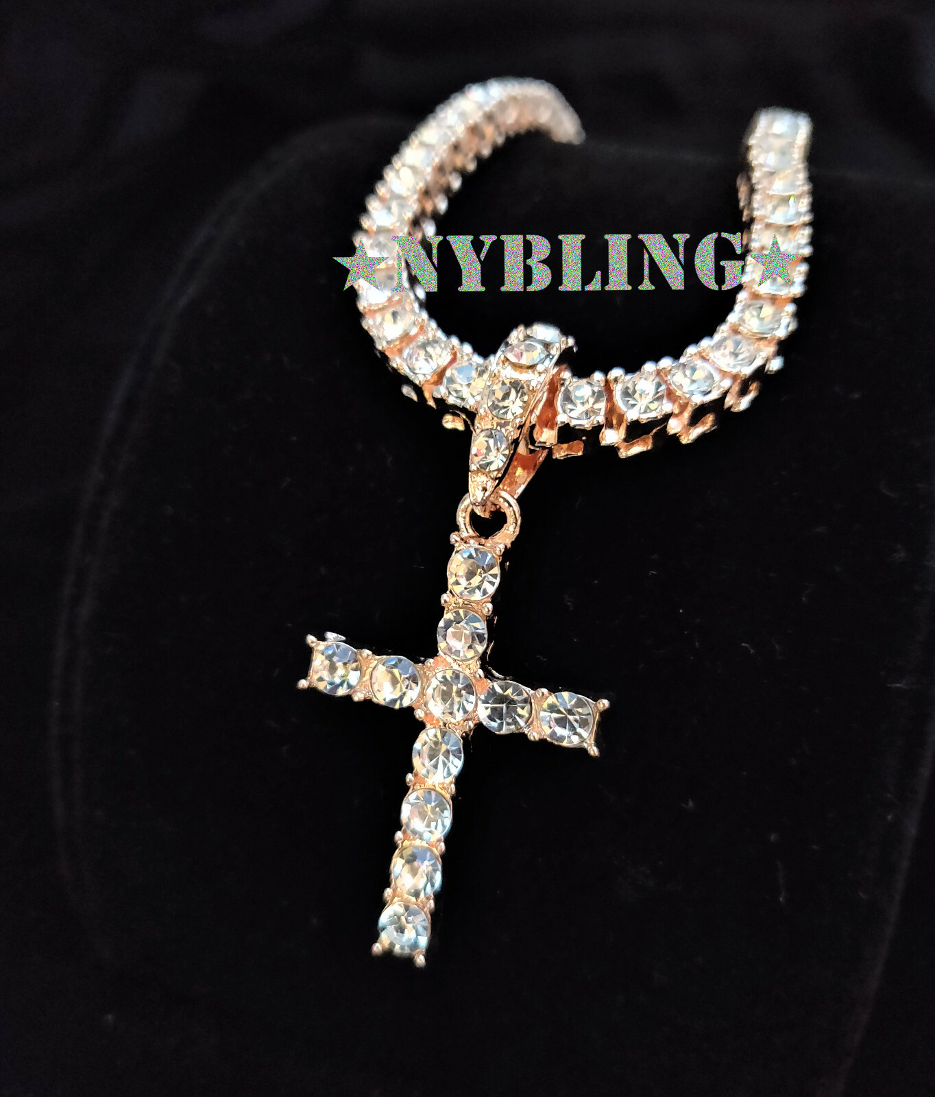 14k Gold Plated 5MM Tennis Chain with Cross Pendant ICED Choker CZ Necklace