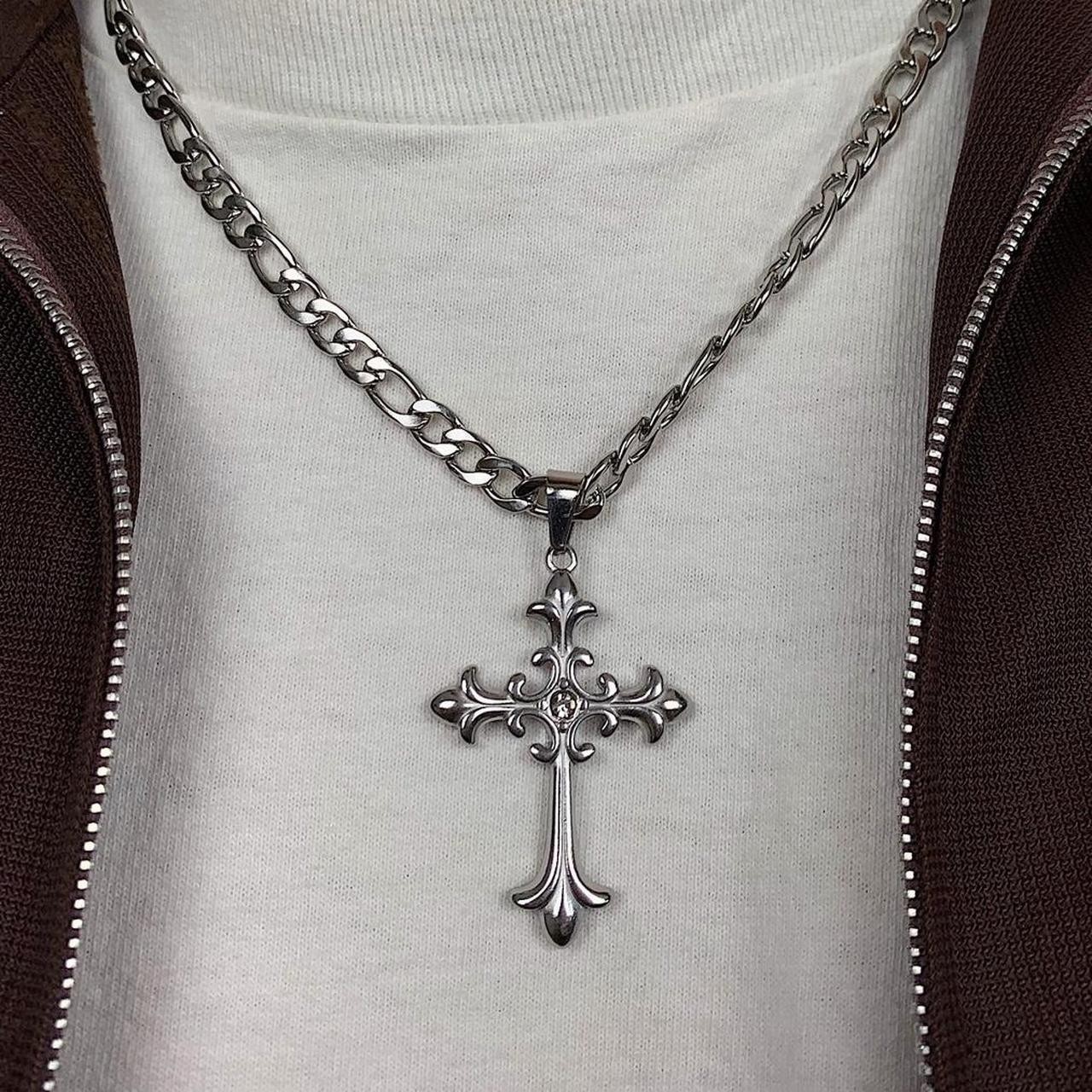 Y2k style Silver Figaro Big Gothic Rhinestone Cross Pendant Necklace. Stainless