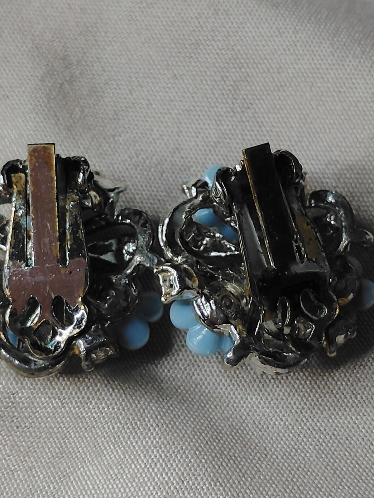 Blue Flower Cluster Clip-On Earrings Silver Tone Metal & Plastic