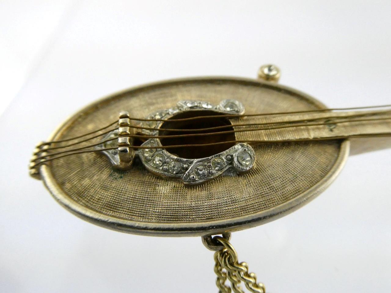 Vintage R Mandle Signed Mandolin Brooch Musical Instrument Pin White Rhinestones