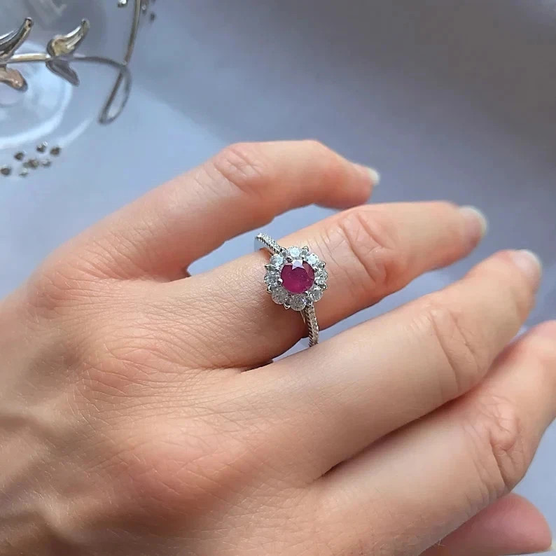 1.60 Ct Round Cut Natural Ruby & Diamond Wedding Ring Sterling Silver