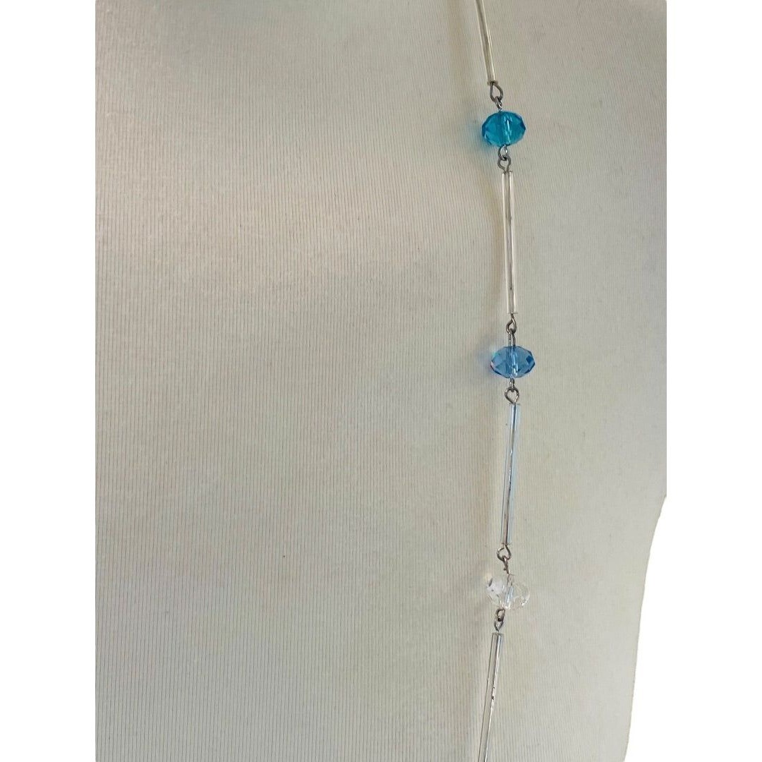 Silvertone Blue Aqua Beaded Overhead 36″ Strand String Necklace