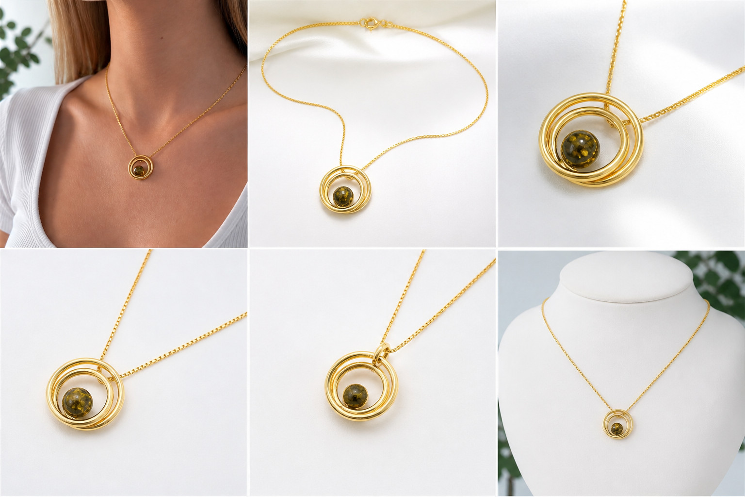 925 Silver Gold Plated PENDANT Round Shape Amber Green & Gold Double Necklace 42mm