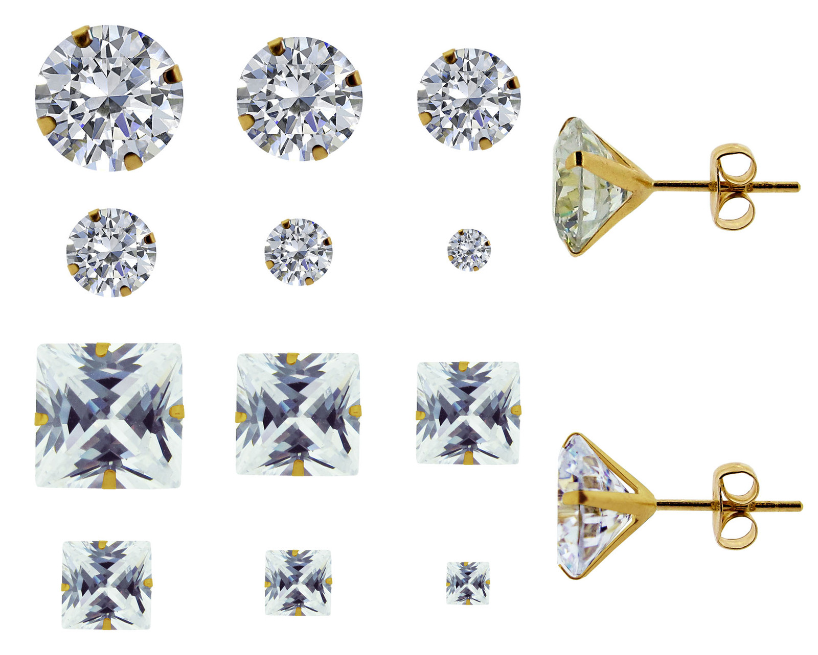 9ct Yellow Gold Round Square Cubic Zirconia CZ Stud Earrings Sizes 3mm-8mm