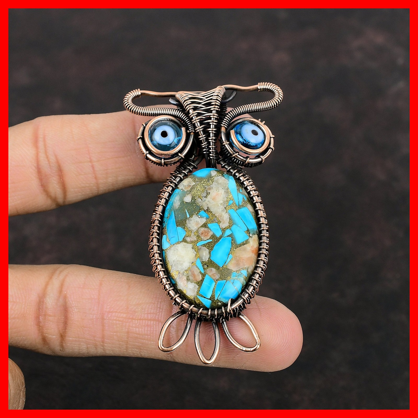Copper Natural Pink Opal Copper Turquoise Blue Color Evil Eye Pendant Jewelry
