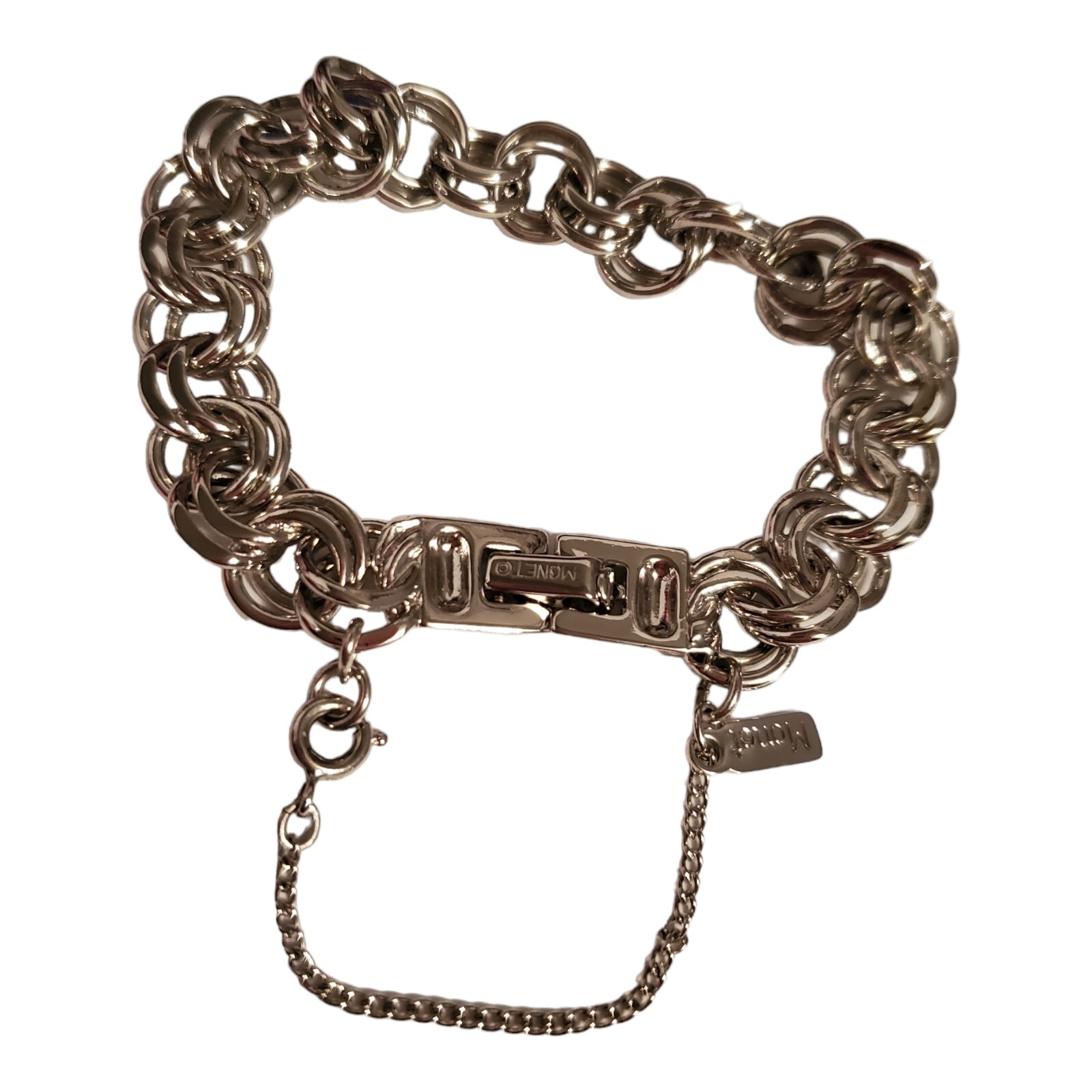 Monet Vintage Charm Bracelet Silver Tone 6 1/2″ Round Links with Safety Chain
