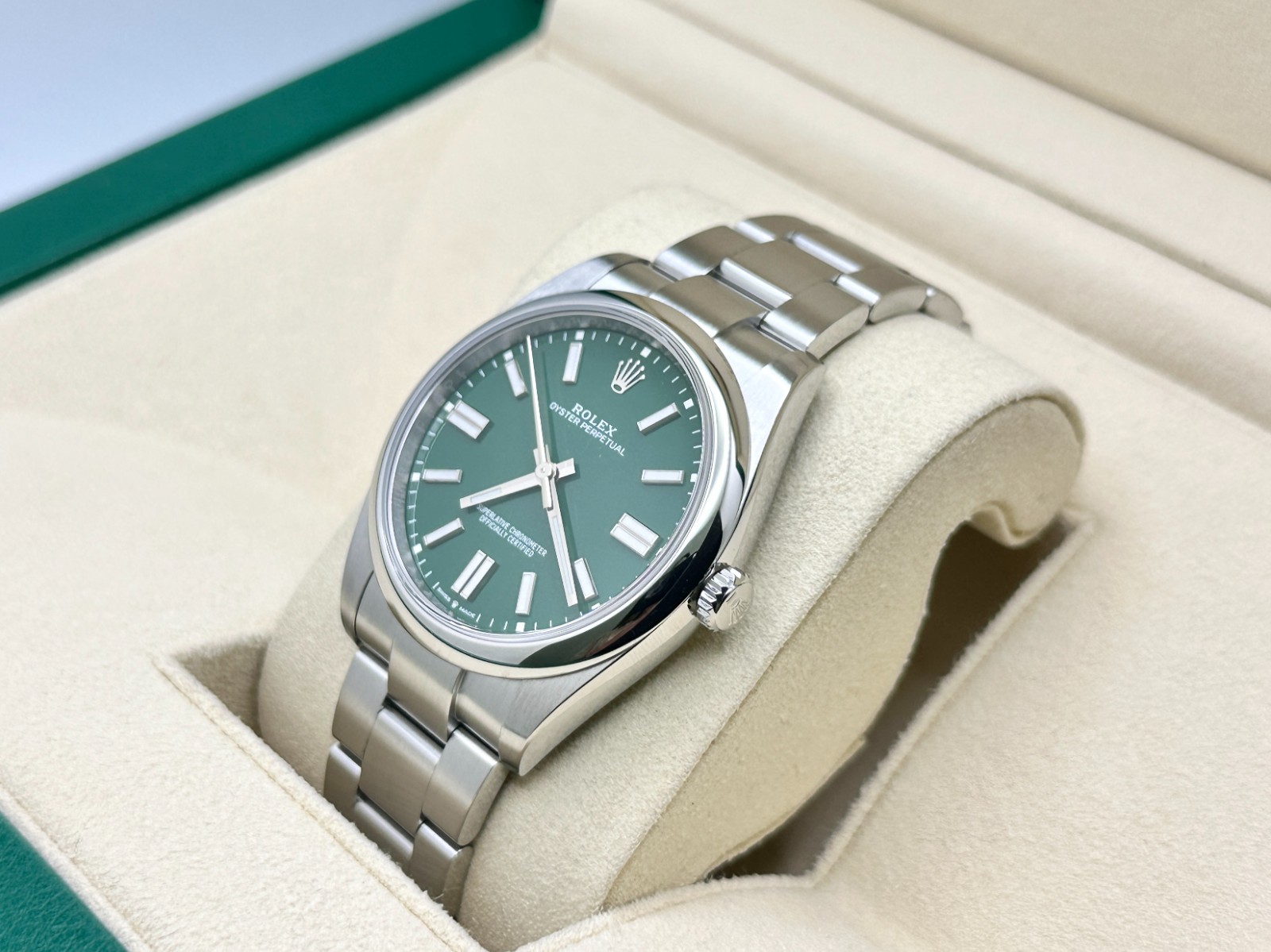Rolex Oyster Perpetual 124300 41mm Green Dial Stainless Steel Box Papers