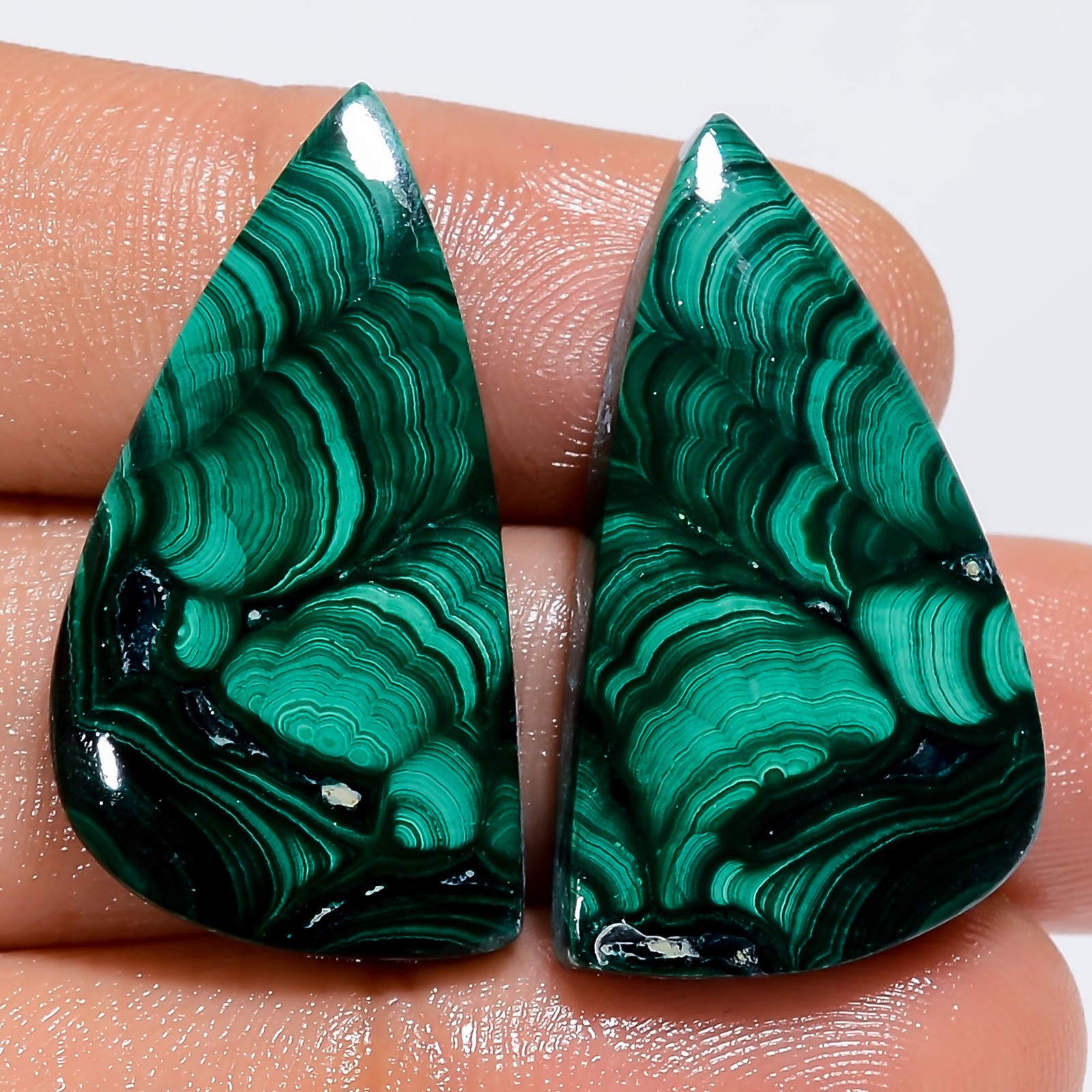 Natural Malachite Fancy Shape Cabochon Gemstone Pair 53.5 Ct. 28X14X4 mm SG-130