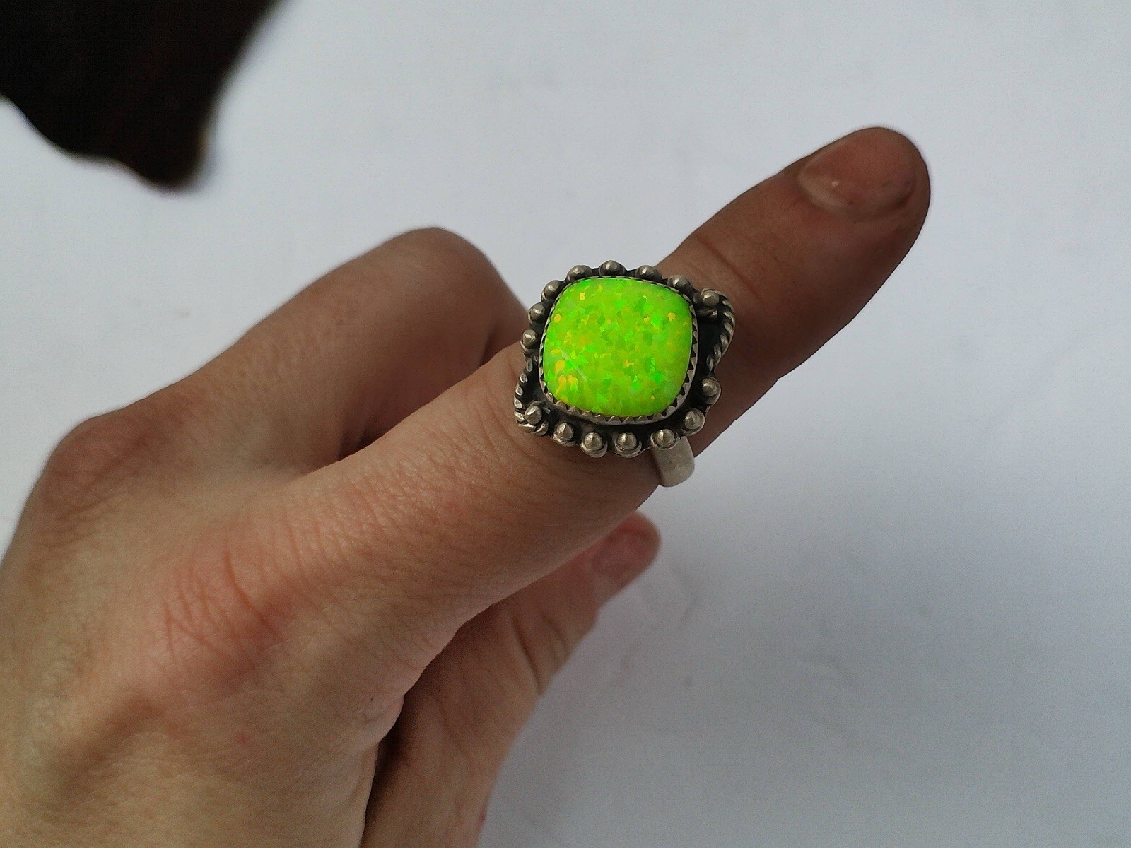 Green Opal Ring Sterling Silver 925 Neon Lime Statement Southwest Western Boho