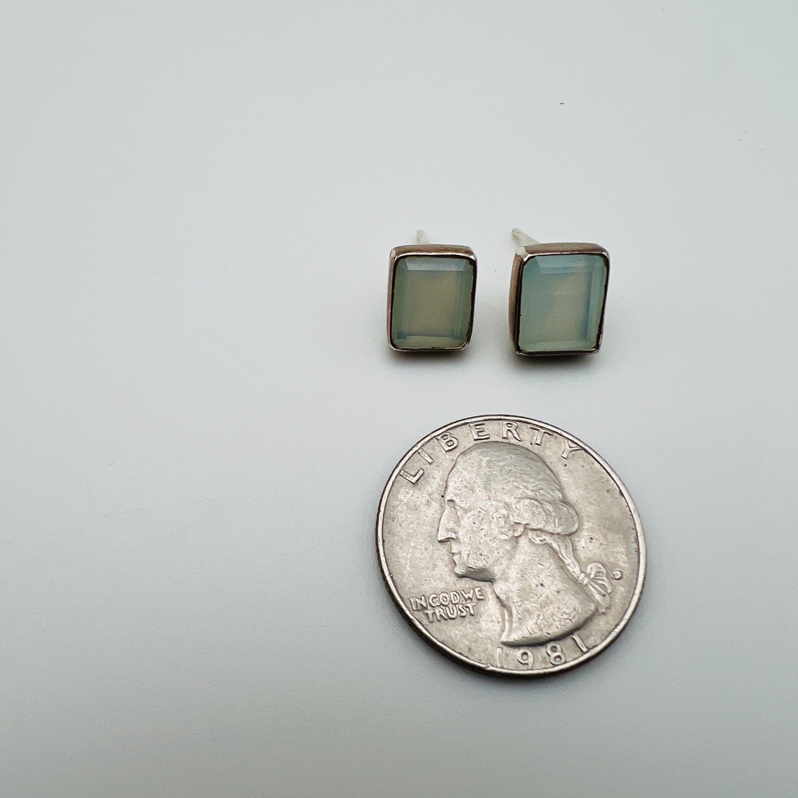 Silver Tone Stud Earrings Rectangle Blue Glass Modern Minimal Jewelry
