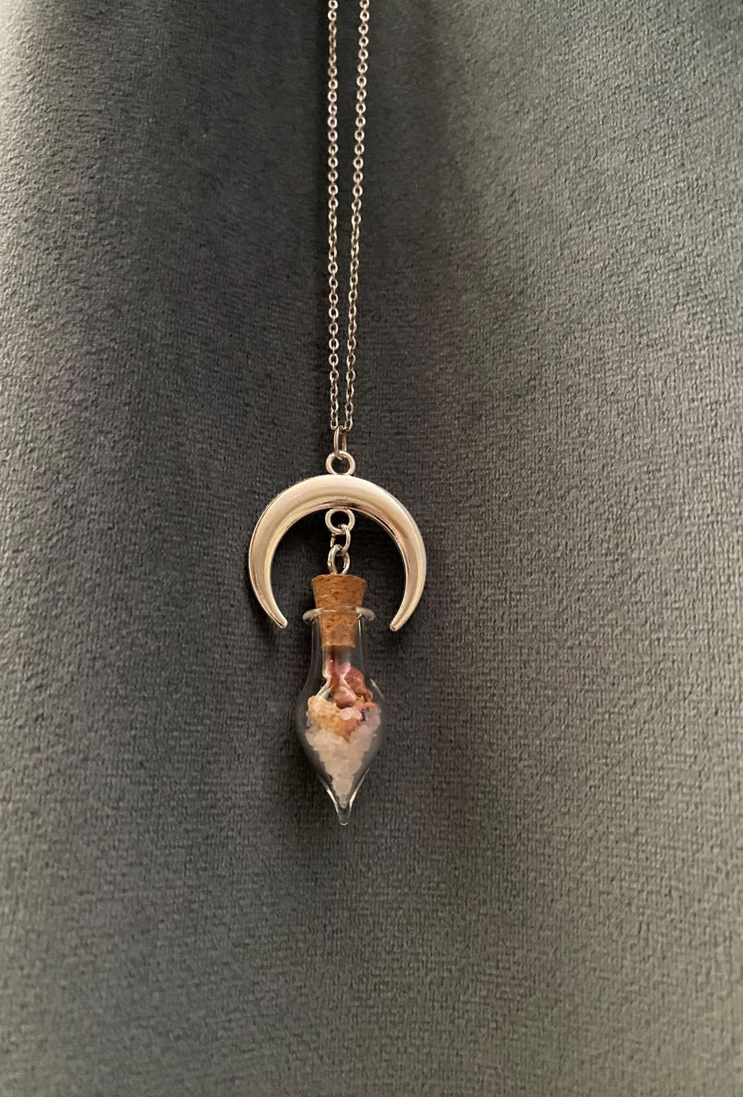 Crescent Moon Necklace Vial of Salt and Rose Petals Love Protection
