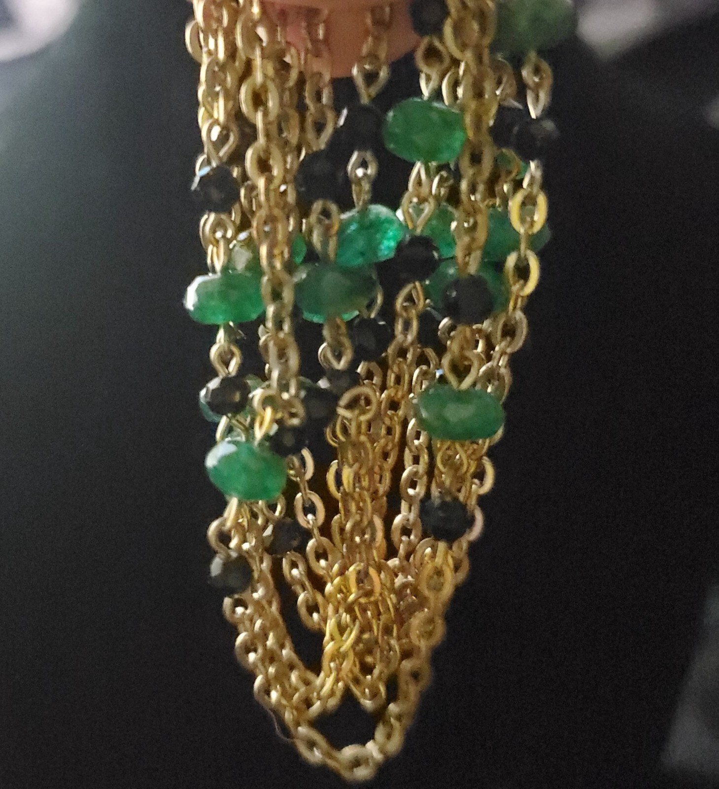 Vtg 48″! Jade & Black Crystal Necklace Gold Tone X-Long Versatile Classic Luxury