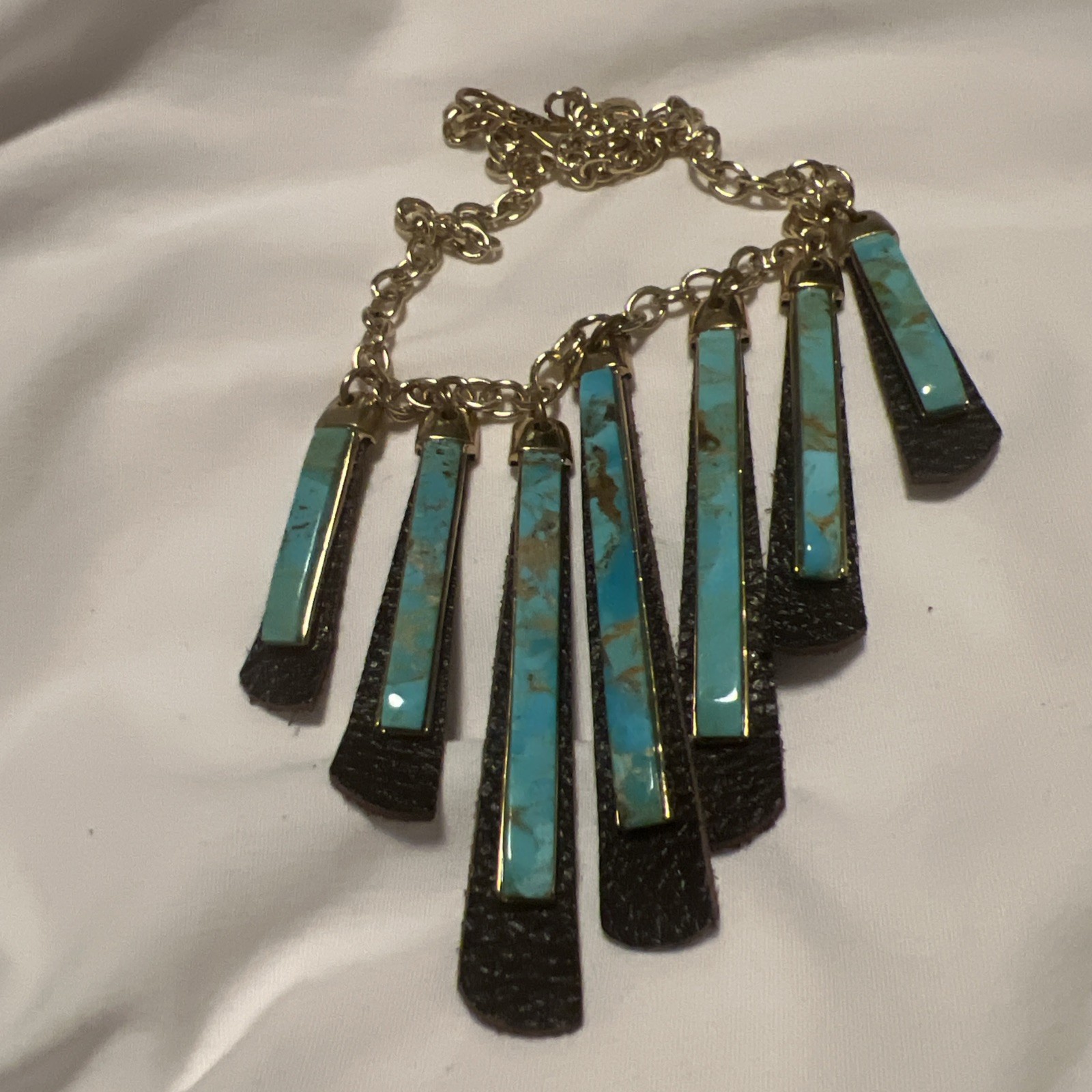 Barse Reversible Adjustable Brown Leather And Blue Turquoise Necklace Goldtone