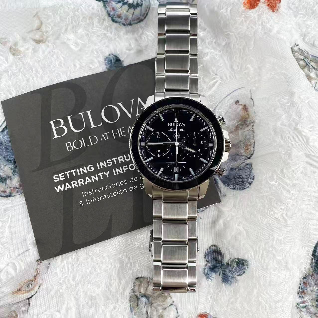 New Bulova Marine Star 45mm Black Dial Stainless Steel Men’s Quartz Watch 96B272