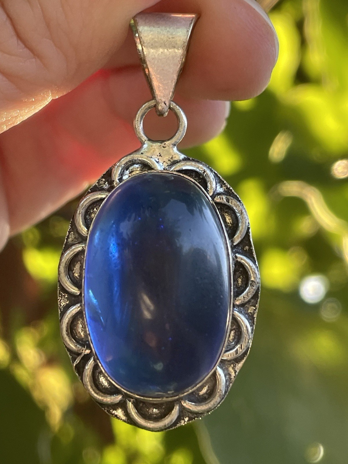 Sterling Silver 925 Cobalt Blue Glass? Cabochon Oval Pendant Vintage Style Boho