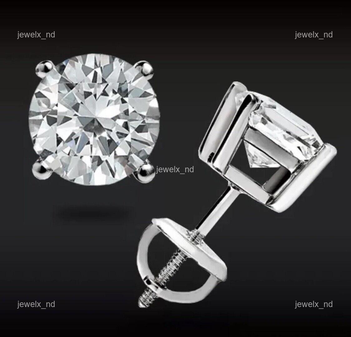 14K Solid White Gold Natural Diamond Stud Post Independent Lady Earrings Jewelry
