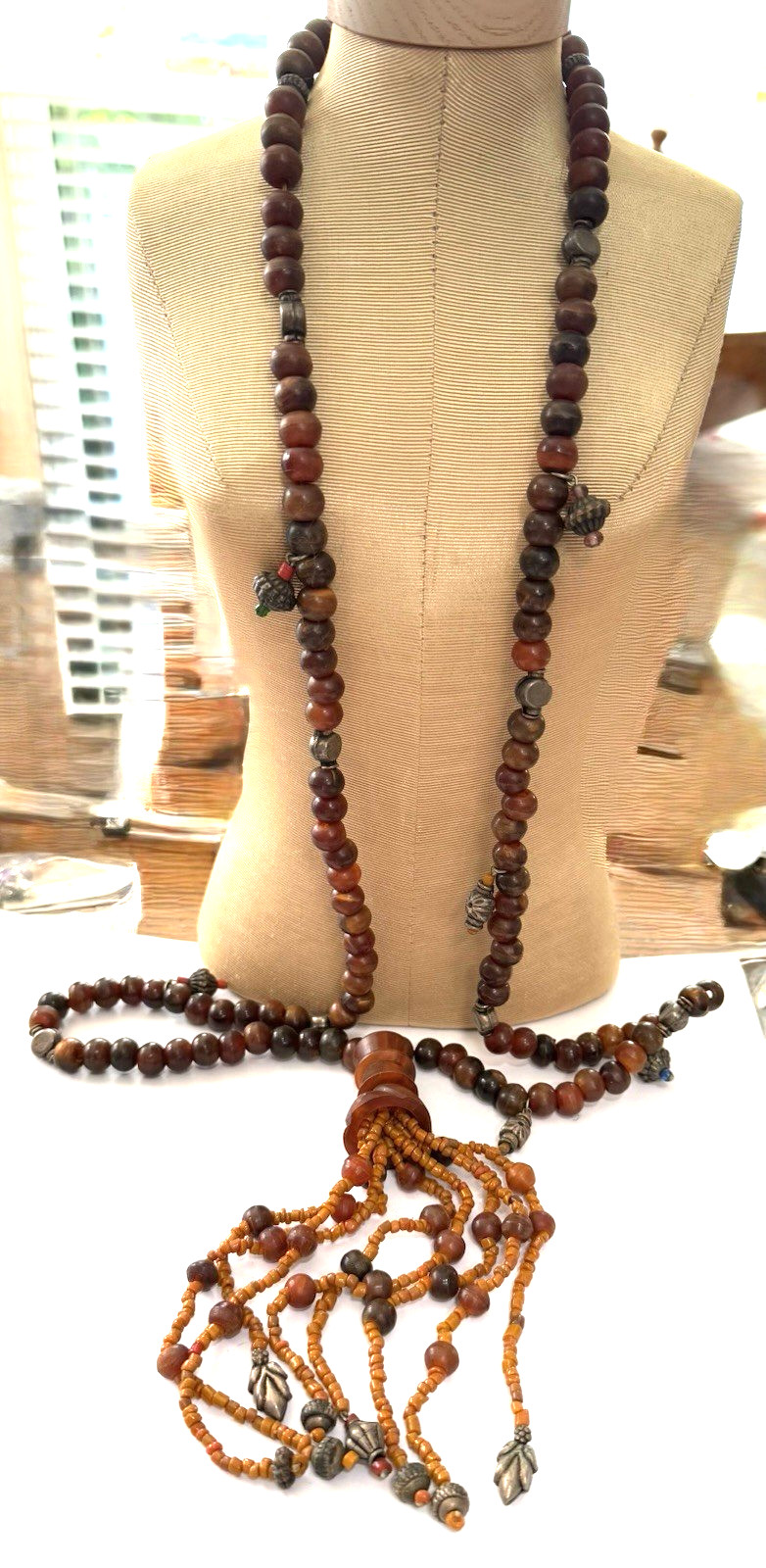 Vintage Tribal BAKELITE Horn & Wood Long Tassel & Bead Necklace