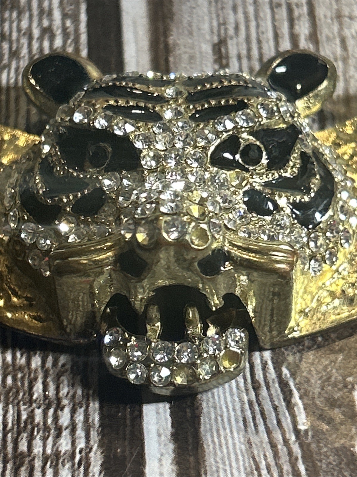White Tiger Pendant on Hammered Brass with Diamond Rhinestones And Black Enamel