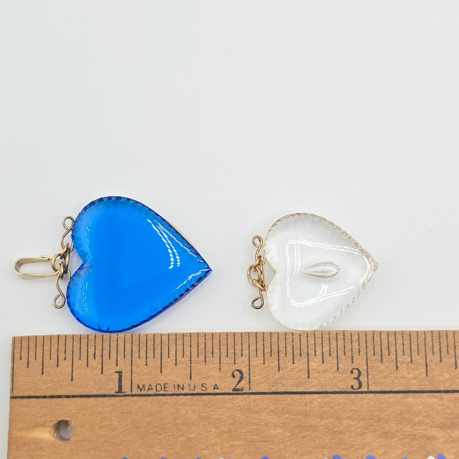 VTG Pressed Glass Heart Pendant 2 Pc Lot, Blue & Clear, Gold Tone Wire Wrapped