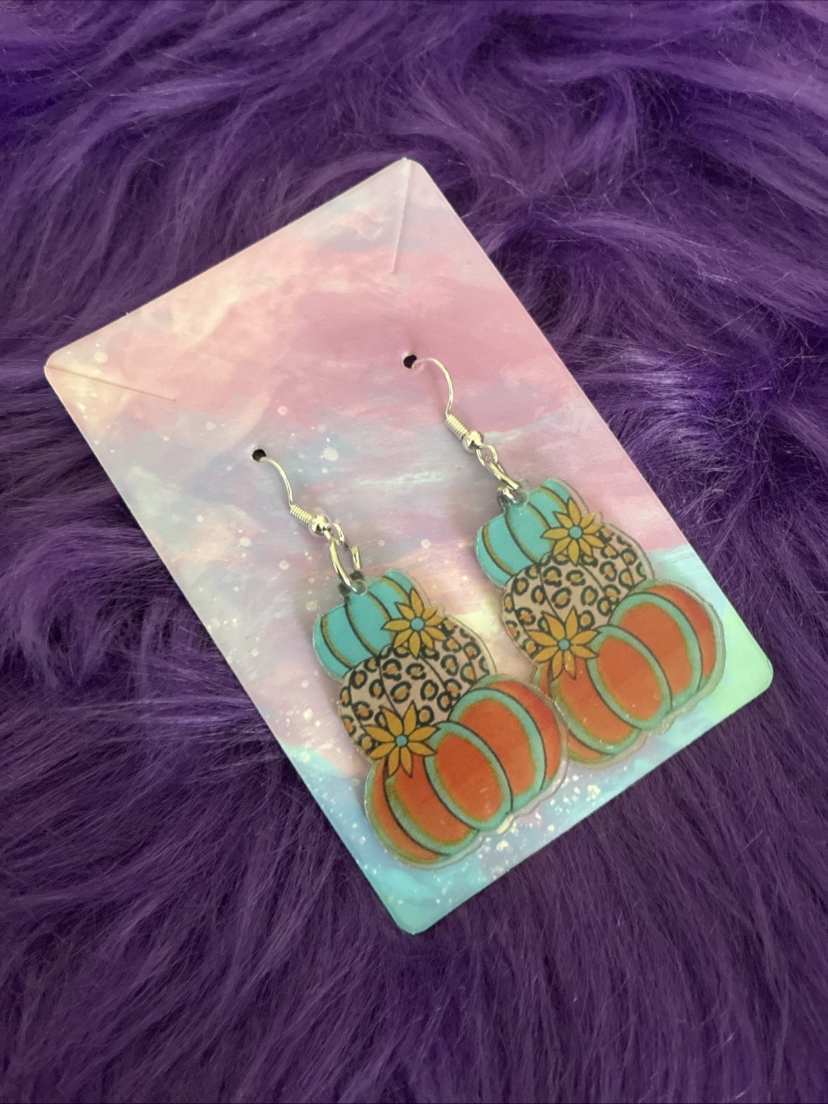 Autumn Acrylic Pumpkin Shaped Drop Style Earrings. Perfect For Halloween, Fall
