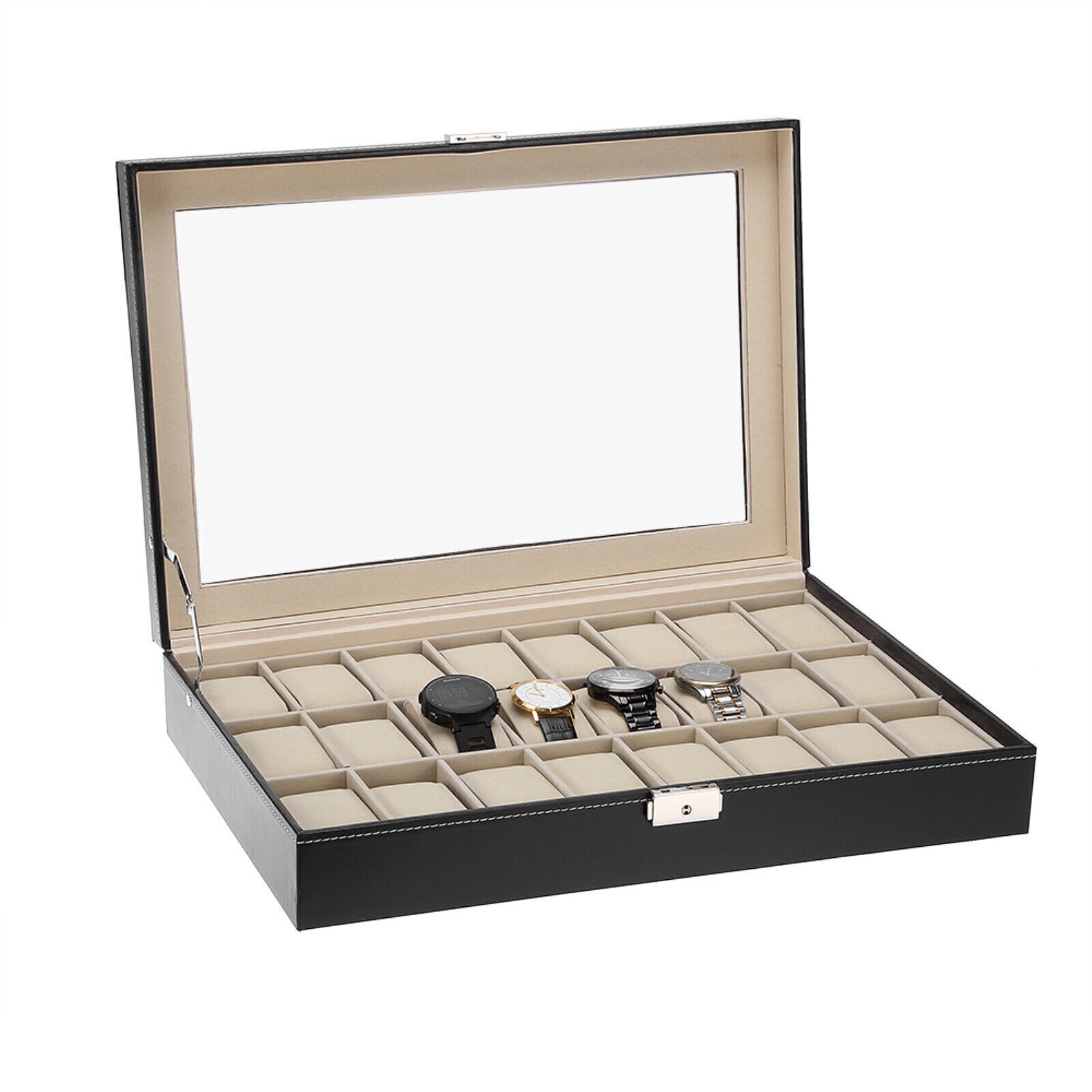 24 Slots Watch Box PU Leather Watch Case Organizer Watch Display Case Lockable ;