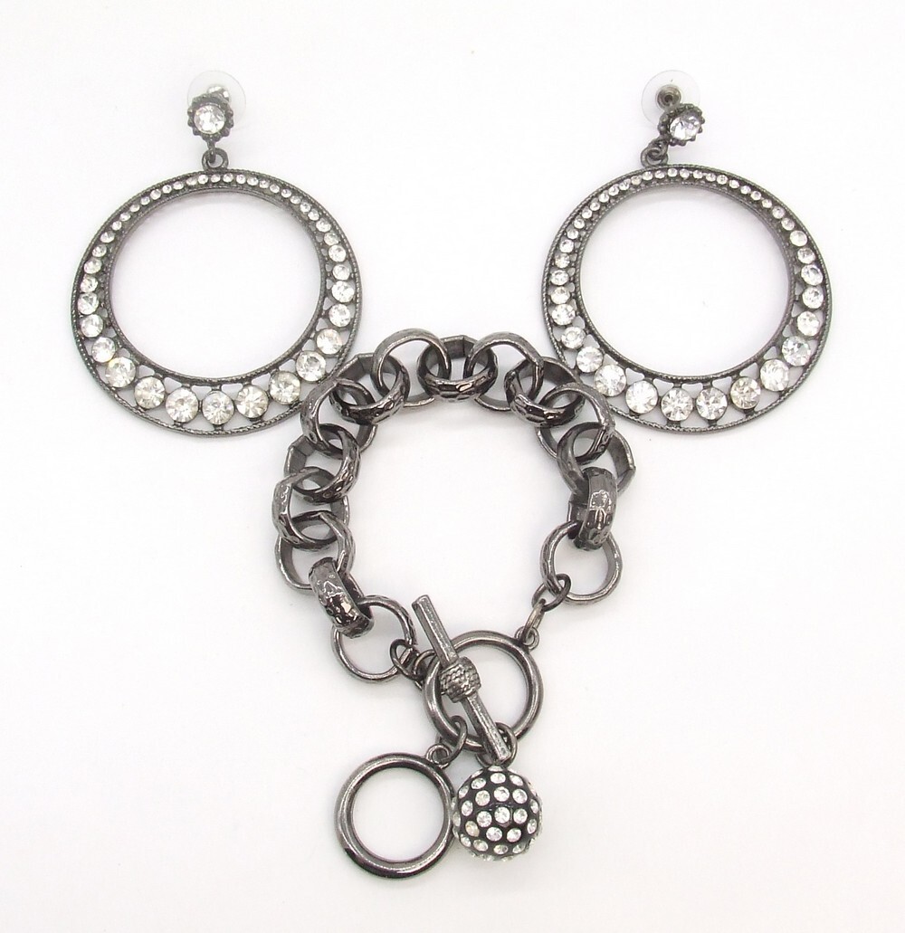 8″ Black Plated Rhinestone Ball/Hammered Rolo Chain Charm Bracelet/Hoop Earrings