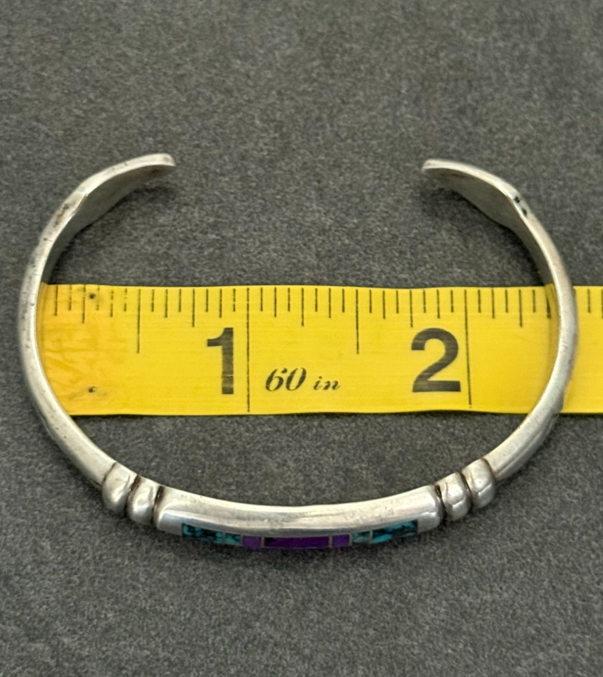 Vintage Navajo REX ABEITA Turquoise Sugilite Inlay ARROW Sterling Bracelet 6.6in