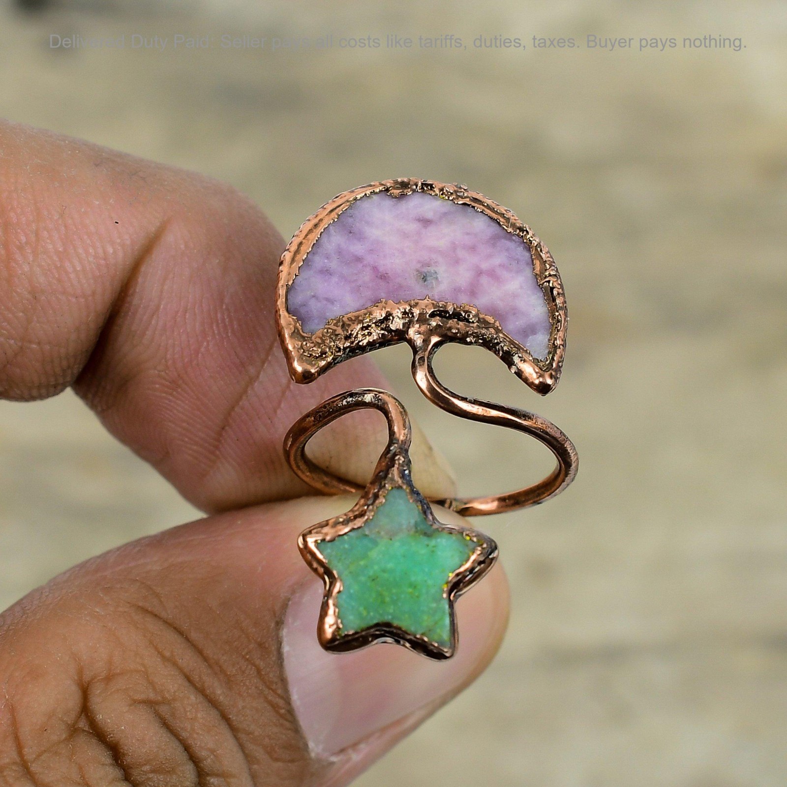 Copper Pink Tourmaline Gemstone Chrysoprase Stackable Electroformed Ring Jewelry