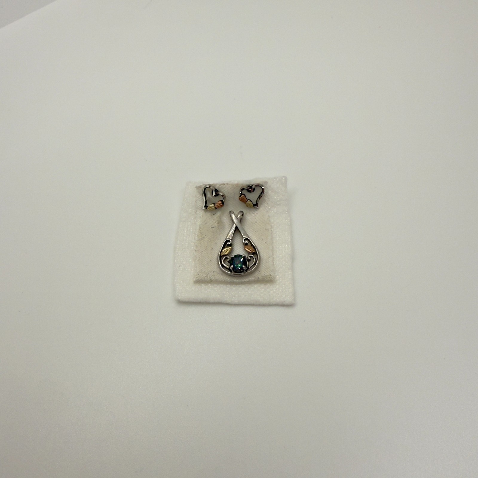 Landstrom’s Black Hills Gold Silver Heart Stud Earrings Mystic Topaz Pendant Set