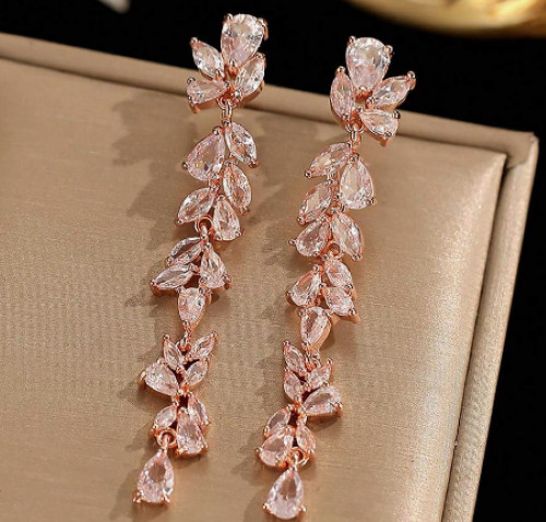 Long Clear Cubic Zirconia Earrings Rose Gold Drop Dangle Wedding Prom Pageant