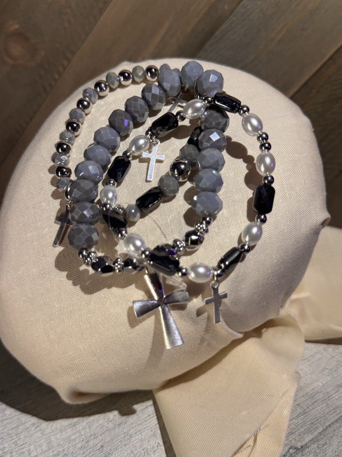 Silver Gray and Black Stackable Beaded Bracelet Trio w/Cross Charms