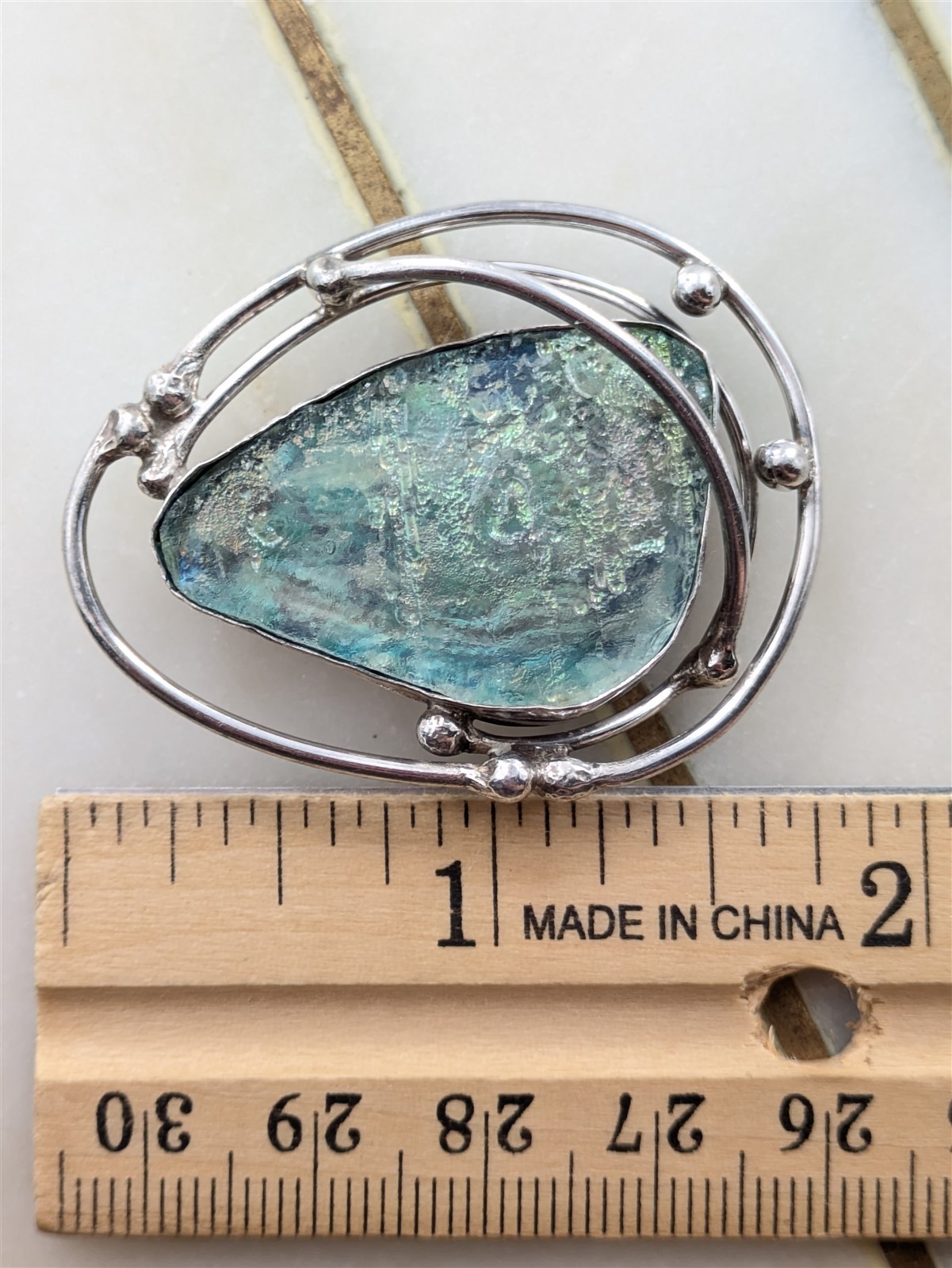 Vintage Solid Sterling Silver Blue Green Art Glass Brooch Pendant 11.7 Grams