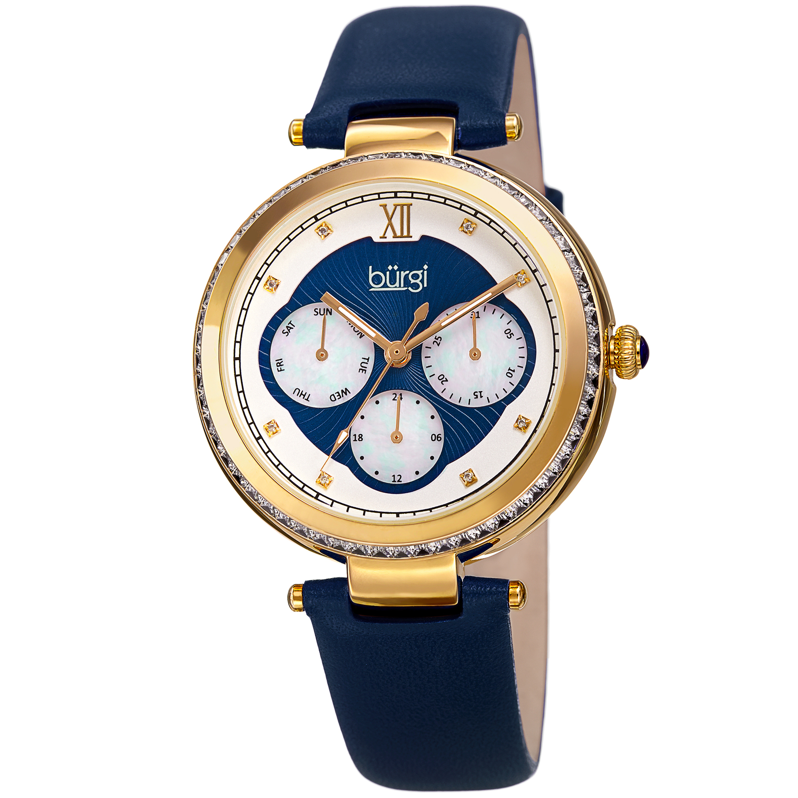 Women’s Burgi BUR182BU Multifunction Crystal Gold Tone Blue Leather Strap Watch