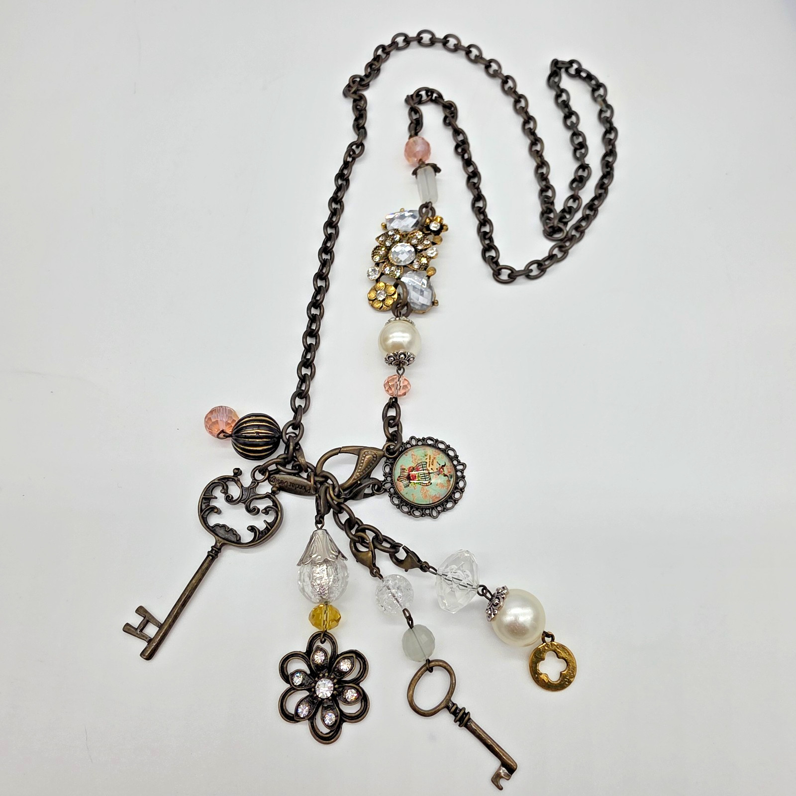 Plunder ADRIENNE Vintage Bronze Pearl Mannequin Key Tassel Charm Necklace 32”