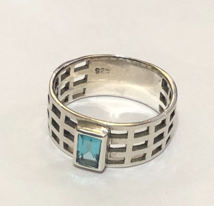 925 Silver FILIGREE Ring 8mm WIDE Blue Gem Stone REAL Sterling Silver Size R 1/2