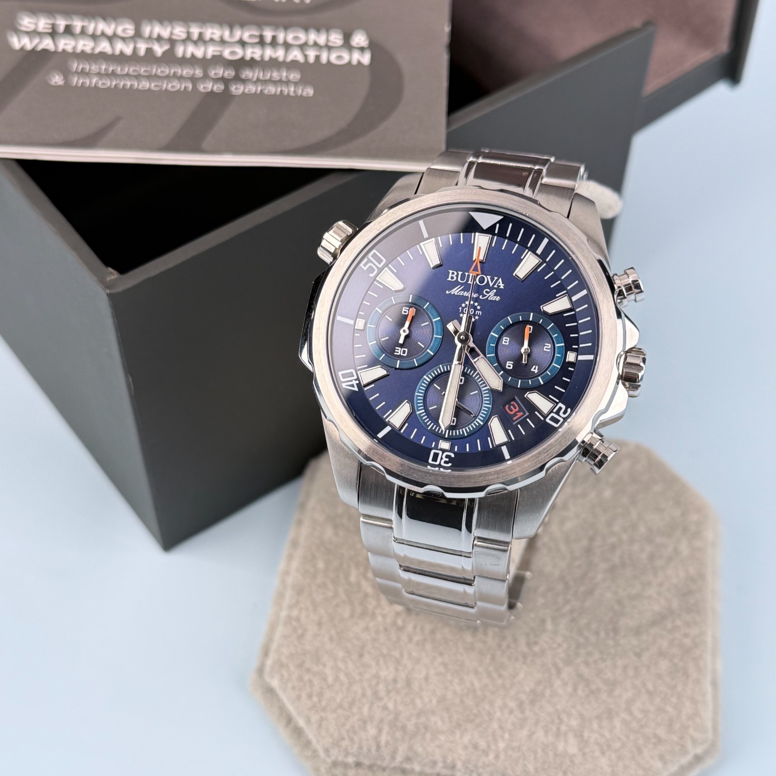 Men’s Bulova 96B256 Marine Star Chronograph Blue Dial Quartz Watch 43mm