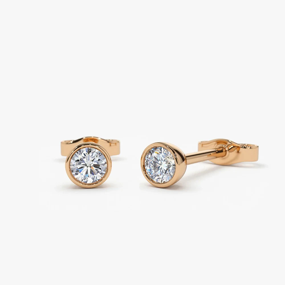 Round Cut H-I/SI Clarity Natural Diamond 14K Gold Bezel Set Stud Helix Earrings