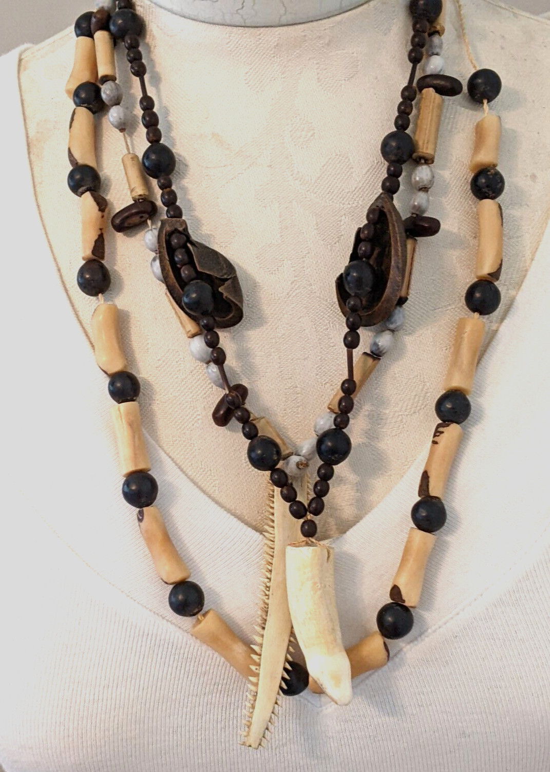 3 Vtg South American Tribal Necklaces Penis Bone Jaw Bone, Seeds, Bamboo, Nuts