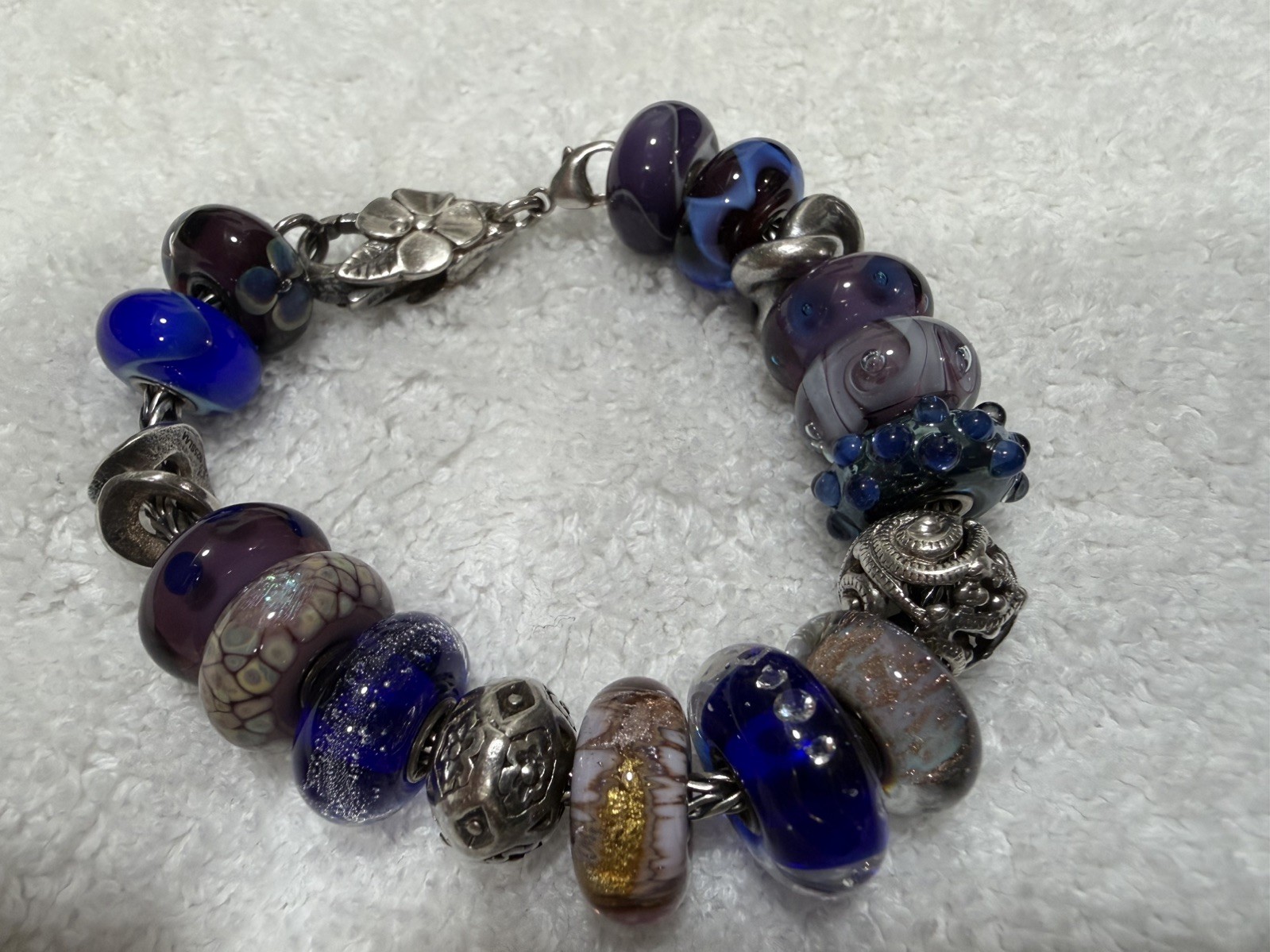 Trollbeads SS 7.5 inch Charm Bracelet with 17 Retired Charms in Blues & Purples