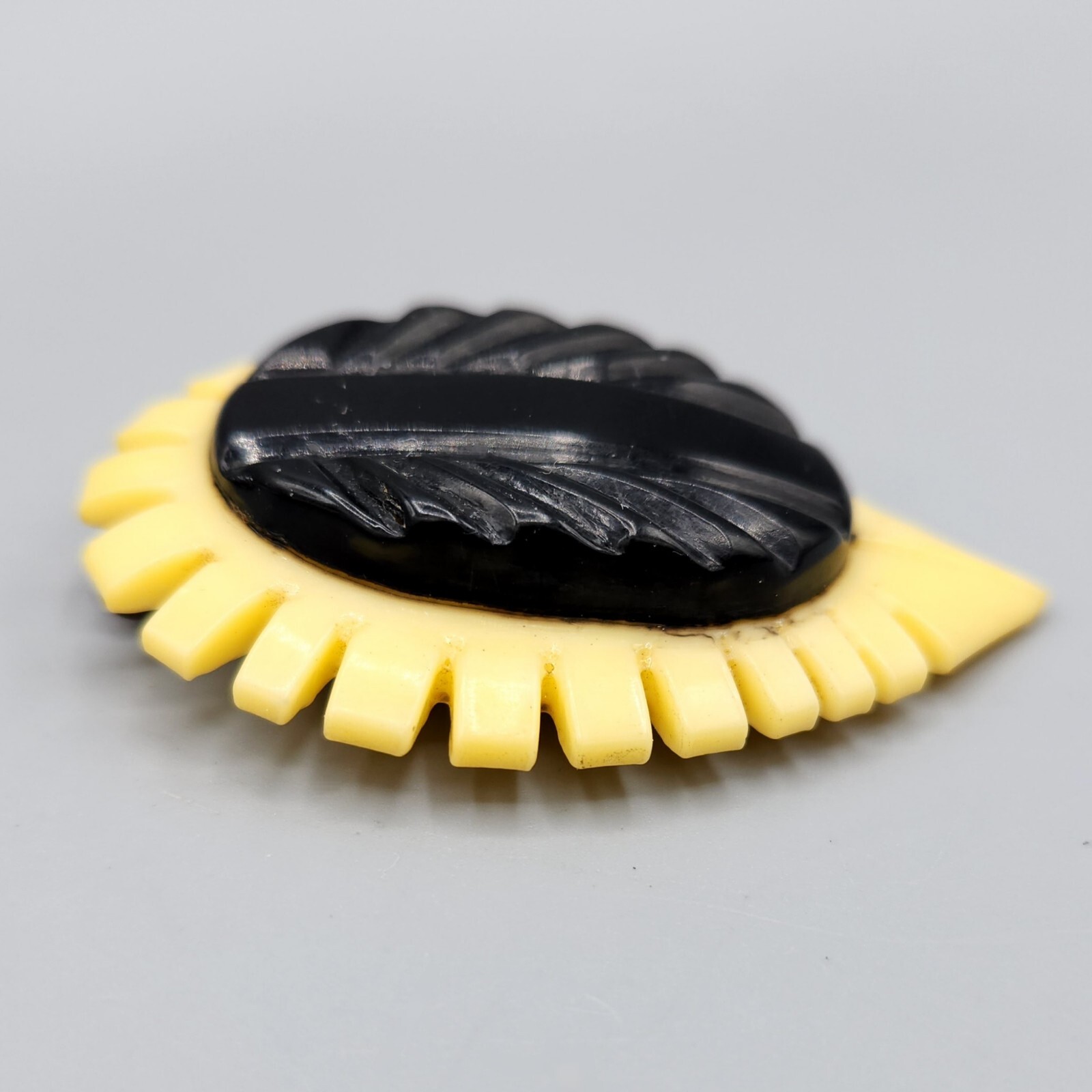 Late Art Deco Retro Black Cream Carved Celluoid Teardrop Dress Clip