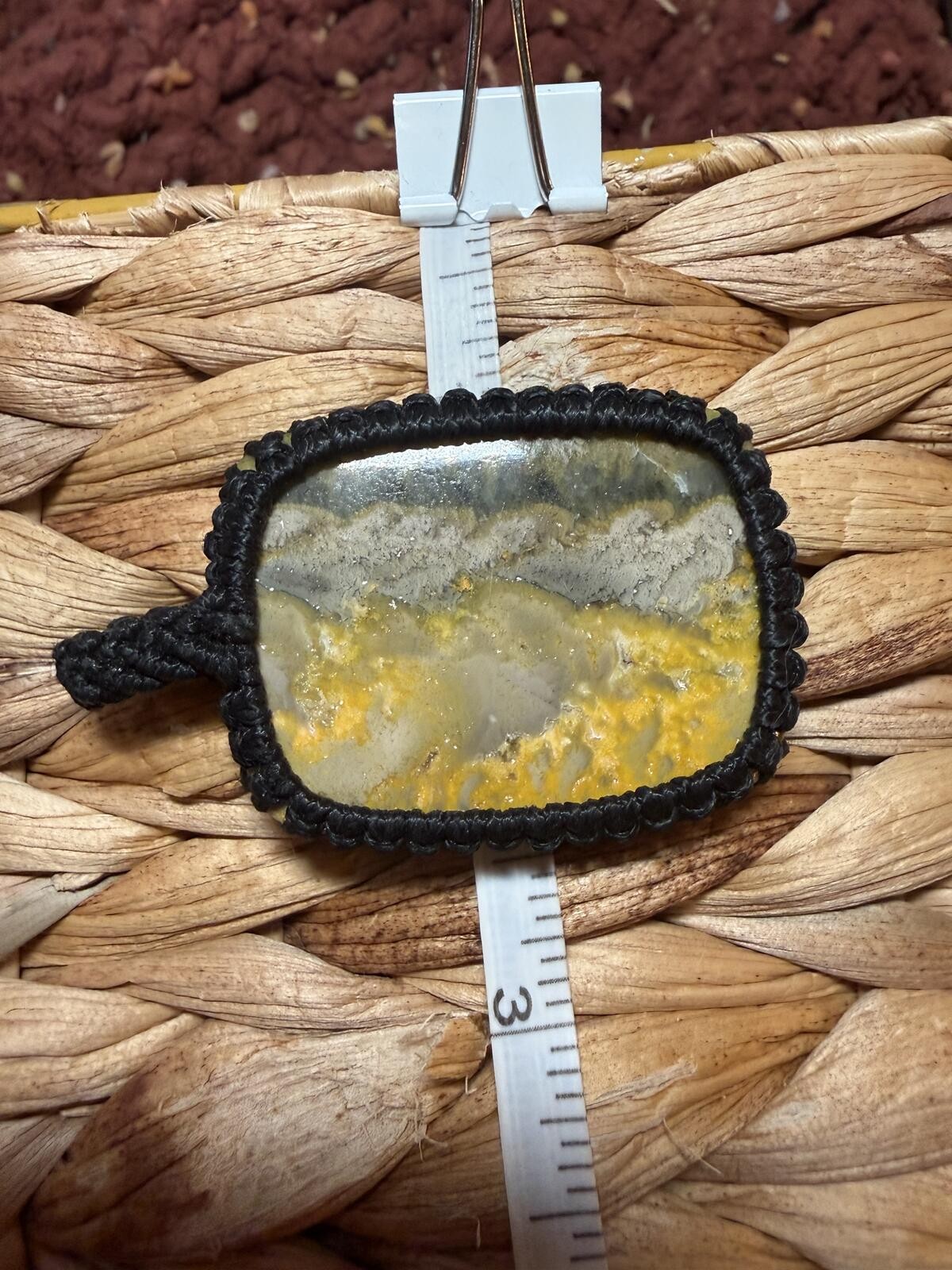 Handcrafted Yellow and Gray Bumblebee Jasper Stone Pendant Black Macrame Border