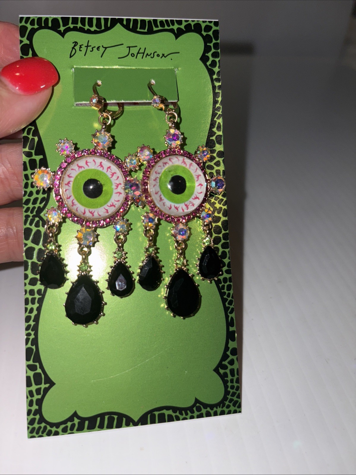 BETSEY JOHNSON DANGLE DROP EYEBALLS EARRINGS W BLACK CRYSTAL TEARS MULTI COLOR