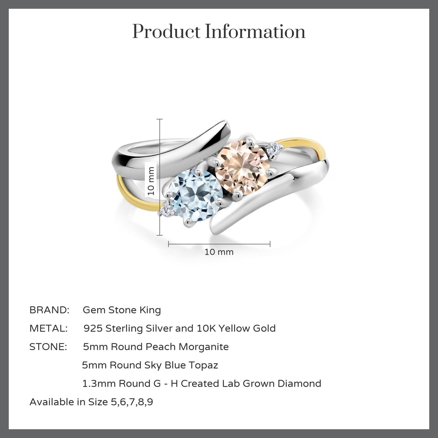 925 Silver and 10K Yellow Gold Peach Morganite Sky Blue Topaz and White Lab