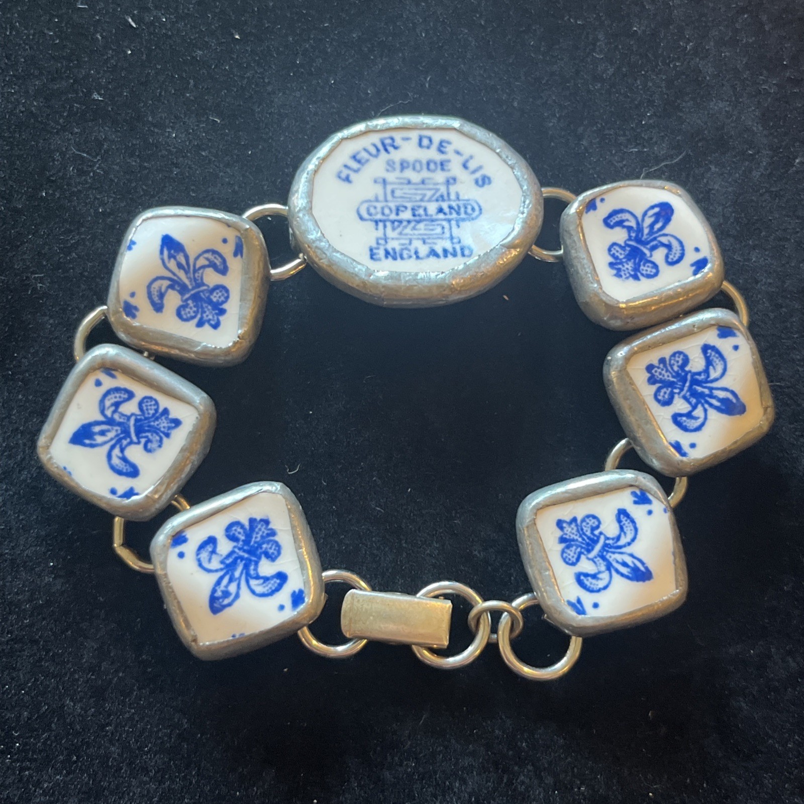 Vtg Spode Fleur De Lis Copeland Bracelet Sterling Silver Ceramic Blue White Rare