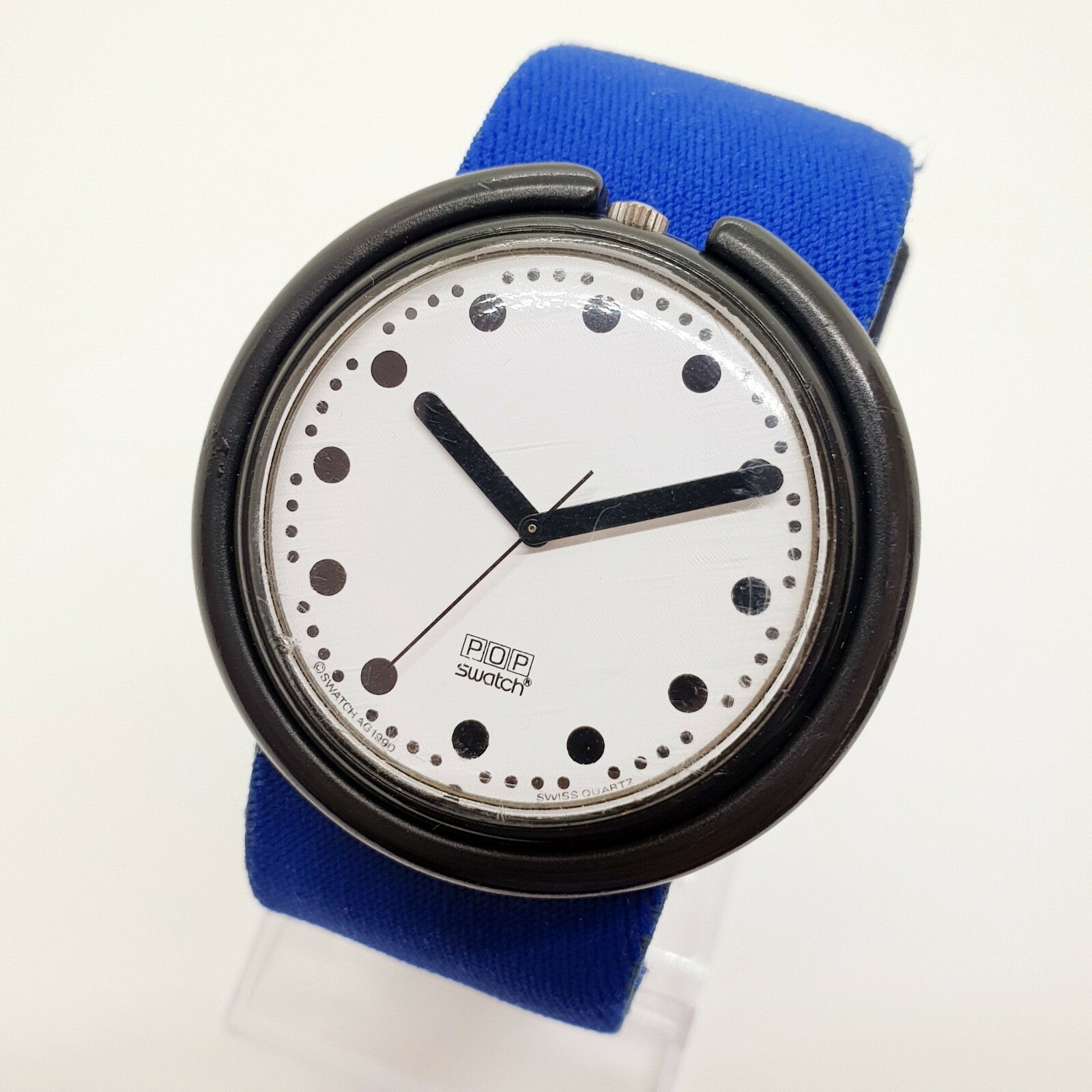 1990 Rare Pop Swatch Watch Black Dots Seconds Hand no Lume Blue Pop Strap 90s