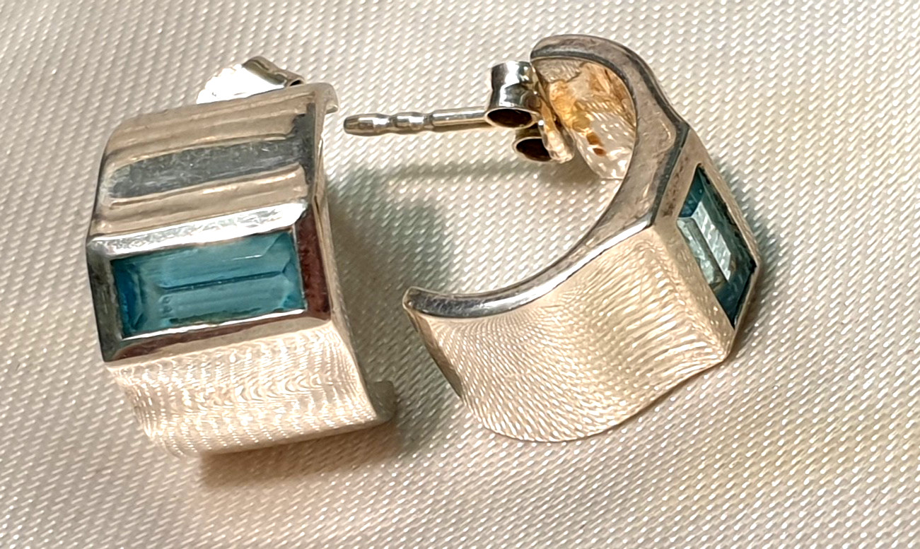 925 Sterling Silver Half Hoop Earrings with Blue Topaz Master Hallmark Crown Hallmark