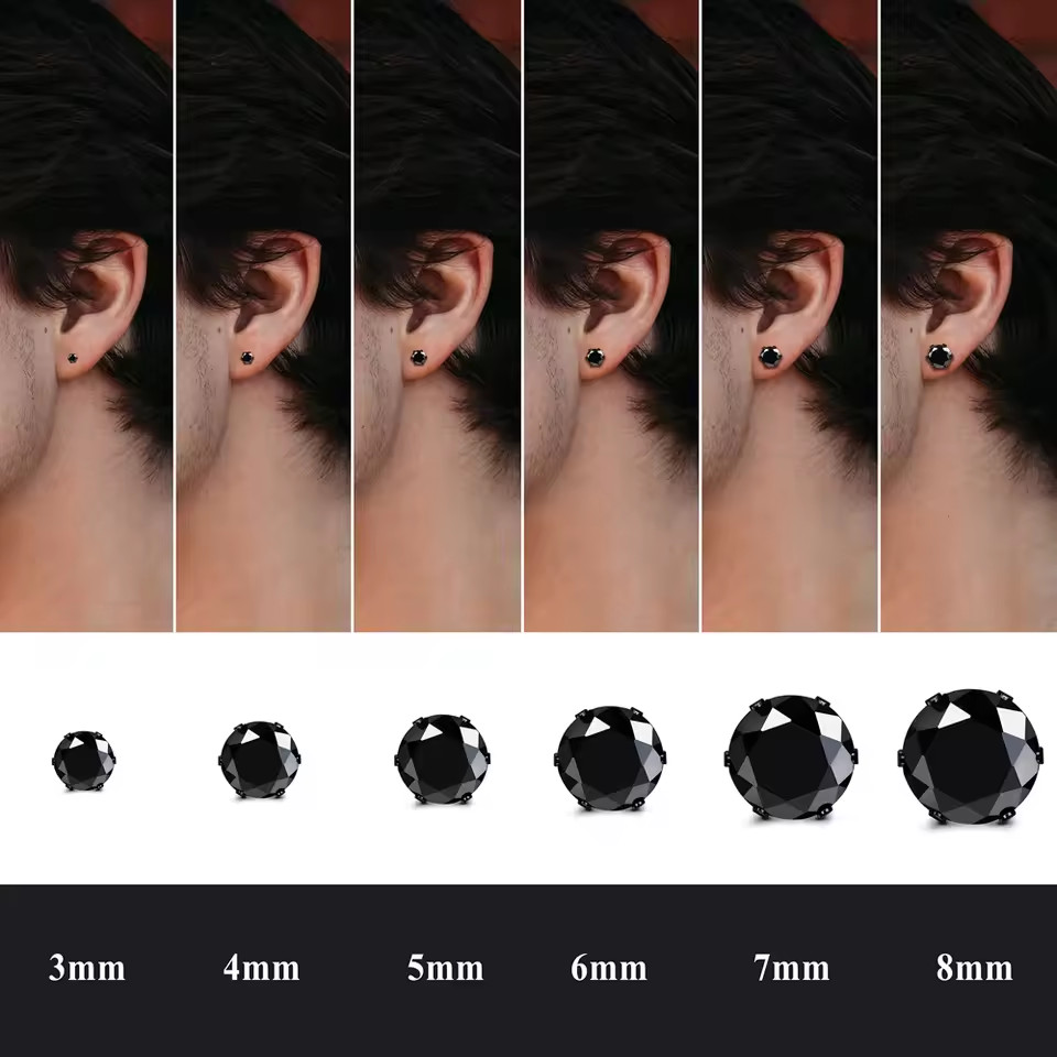 Mens Women Stainless Steel Black Round Cubic Zirconia Ear Studs Earrings 3mm-8mm