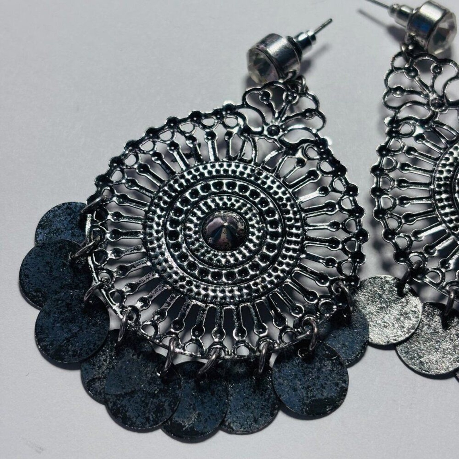 Boho Silver Tone Turquoise Medallion Drop Dangle Earrings